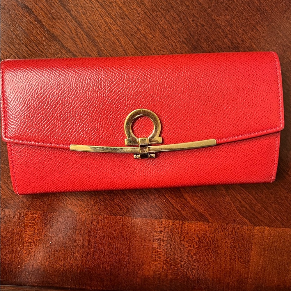 Salvatore Ferragamo Red Leather Continental Wallet with Gold Tone Hardware